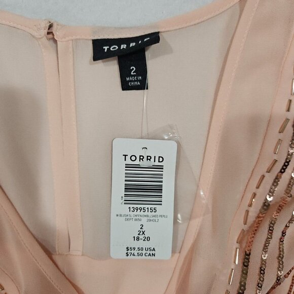 Torrid Womens Size 2 2x Peach Top Peplum Chiffon Sleeveless Sequins Beads - Picture 3 of 8